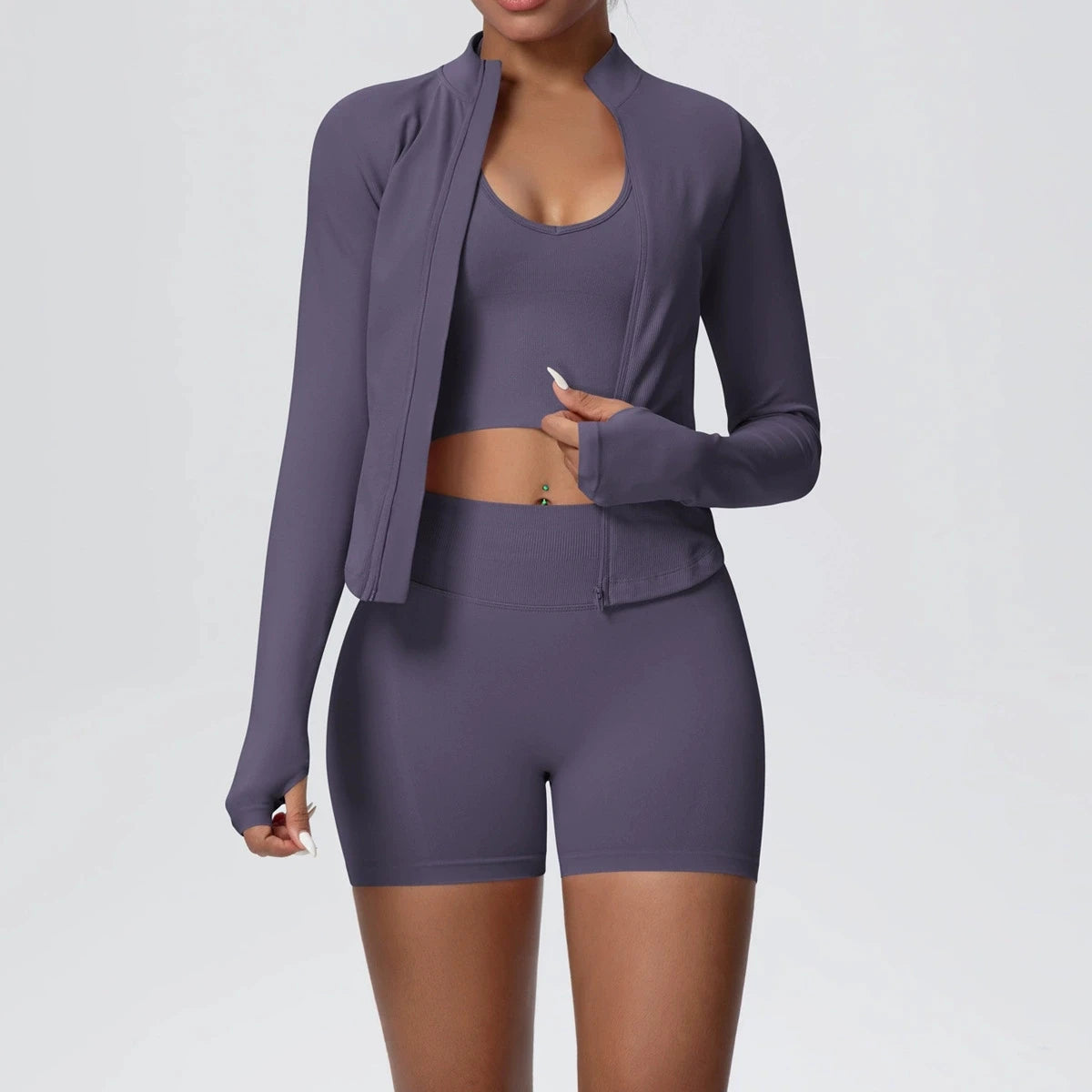 Conjunto de yoga sin costuras para mujer, 3 piezas, ropa de entrenamiento, leggings deportivos para gimnasio, sujetador deportivo a prueba de golpes, top corto, traje de yoga de manga larga