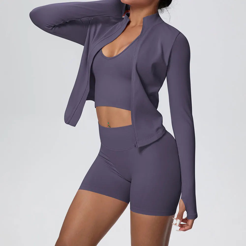 Conjunto de yoga sin costuras para mujer, 3 piezas, ropa de entrenamiento, leggings deportivos para gimnasio, sujetador deportivo a prueba de golpes, top corto, traje de yoga de manga larga