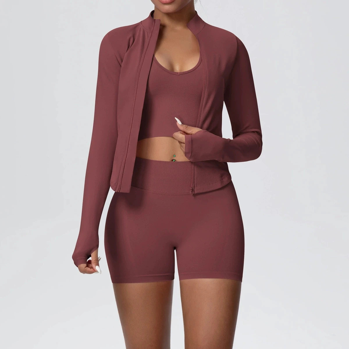 Conjunto de yoga sin costuras para mujer, 3 piezas, ropa de entrenamiento, leggings deportivos para gimnasio, sujetador deportivo a prueba de golpes, top corto, traje de yoga de manga larga