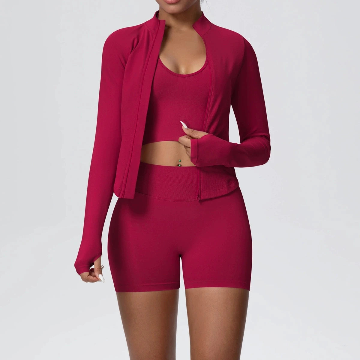 Conjunto de yoga sin costuras para mujer, 3 piezas, ropa de entrenamiento, leggings deportivos para gimnasio, sujetador deportivo a prueba de golpes, top corto, traje de yoga de manga larga
