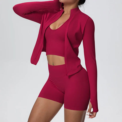 Conjunto de yoga sin costuras para mujer, 3 piezas, ropa de entrenamiento, leggings deportivos para gimnasio, sujetador deportivo a prueba de golpes, top corto, traje de yoga de manga larga