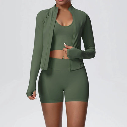 Conjunto de yoga sin costuras para mujer, 3 piezas, ropa de entrenamiento, leggings deportivos para gimnasio, sujetador deportivo a prueba de golpes, top corto, traje de yoga de manga larga