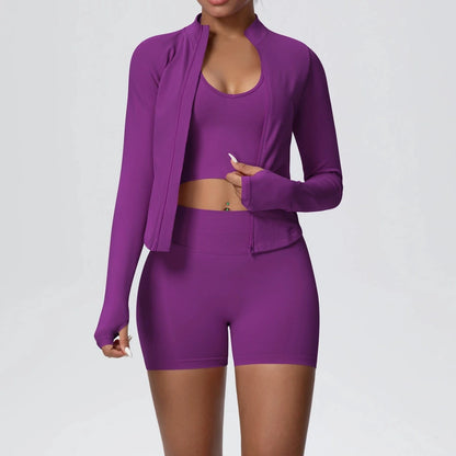 Conjunto de yoga sin costuras para mujer, 3 piezas, ropa de entrenamiento, leggings deportivos para gimnasio, sujetador deportivo a prueba de golpes, top corto, traje de yoga de manga larga
