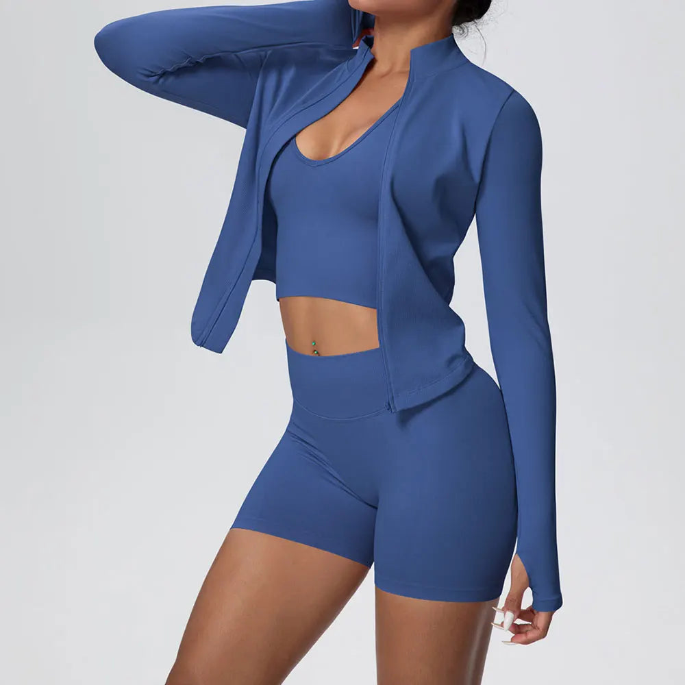 Conjunto de yoga sin costuras para mujer, 3 piezas, ropa de entrenamiento, leggings deportivos para gimnasio, sujetador deportivo a prueba de golpes, top corto, traje de yoga de manga larga