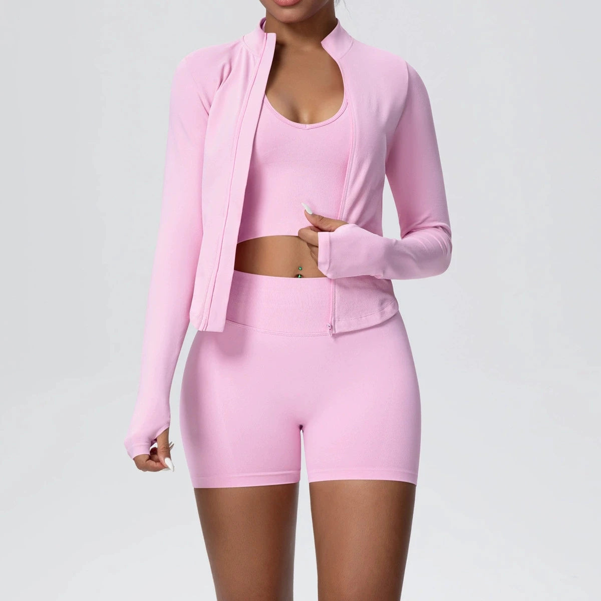 Conjunto de yoga sin costuras para mujer, 3 piezas, ropa de entrenamiento, leggings deportivos para gimnasio, sujetador deportivo a prueba de golpes, top corto, traje de yoga de manga larga
