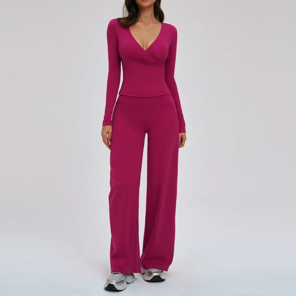 2PCS Yoga Set Women's Gym Clothes Sports Outfits Women Sportswear Fitness Suits Workout Long Sleeved Flared Pants Tracksuit
