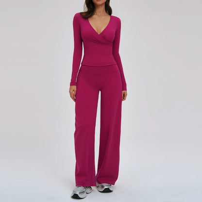 2PCS Yoga Set Women's Gym Clothes Sports Outfits Women Sportswear Fitness Suits Workout Long Sleeved Flared Pants Tracksuit