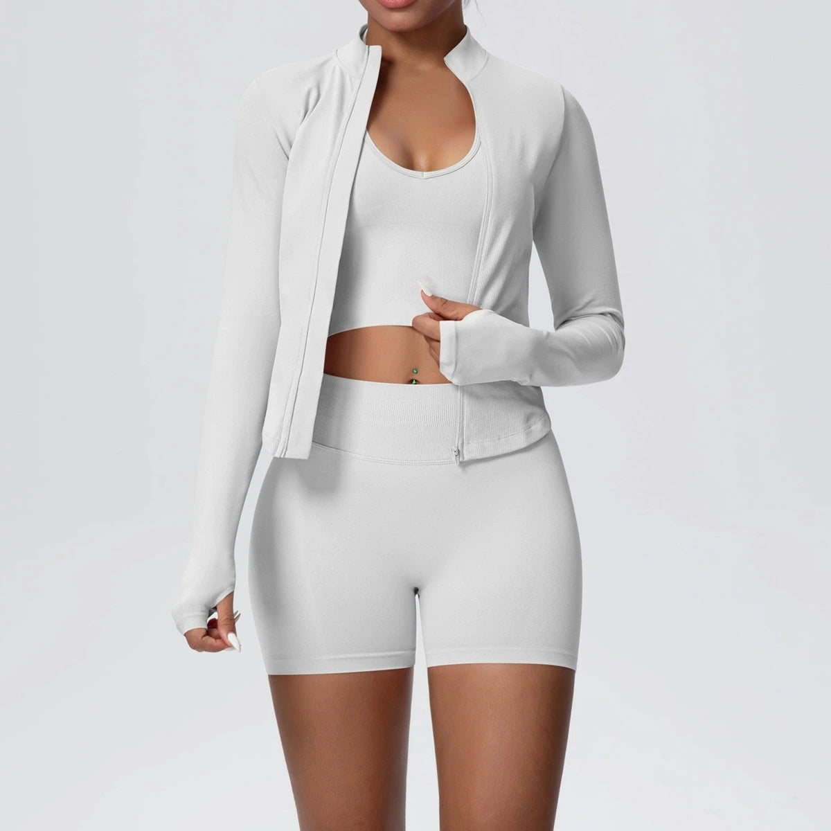 Conjunto de yoga sin costuras para mujer, 3 piezas, ropa de entrenamiento, leggings deportivos para gimnasio, sujetador deportivo a prueba de golpes, top corto, traje de yoga de manga larga