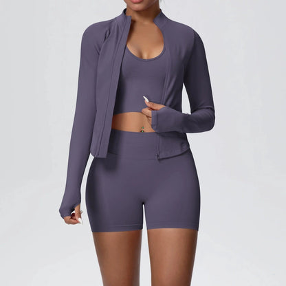 Conjunto de yoga sin costuras para mujer, 3 piezas, ropa de entrenamiento, leggings deportivos para gimnasio, sujetador deportivo a prueba de golpes, top corto, traje de yoga de manga larga