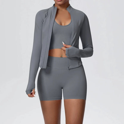Conjunto de yoga sin costuras para mujer, 3 piezas, ropa de entrenamiento, leggings deportivos para gimnasio, sujetador deportivo a prueba de golpes, top corto, traje de yoga de manga larga