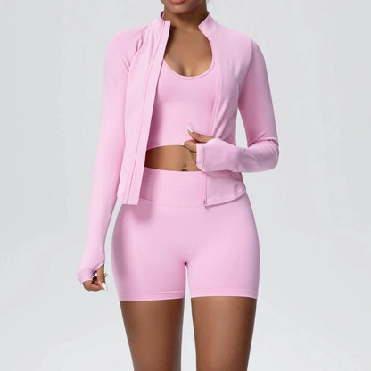 Conjunto de yoga sin costuras para mujer, 3 piezas, ropa de entrenamiento, leggings deportivos para gimnasio, sujetador deportivo a prueba de golpes, top corto, traje de yoga de manga larga
