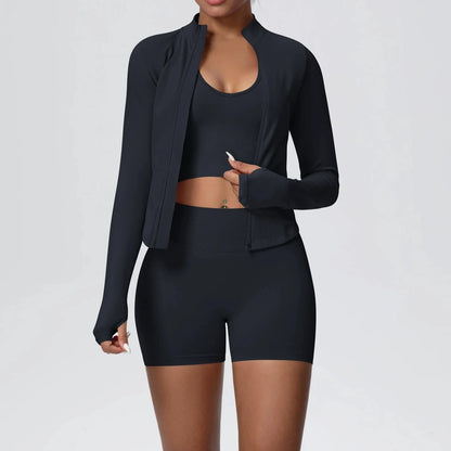 Conjunto de yoga sin costuras para mujer, 3 piezas, ropa de entrenamiento, leggings deportivos para gimnasio, sujetador deportivo a prueba de golpes, top corto, traje de yoga de manga larga
