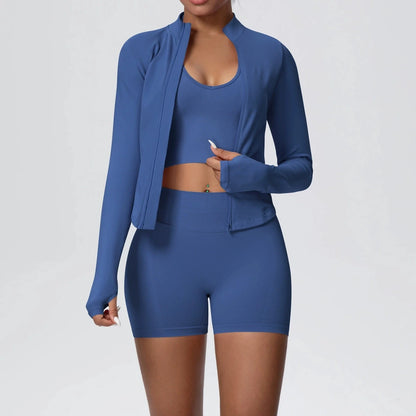 Conjunto de yoga sin costuras para mujer, 3 piezas, ropa de entrenamiento, leggings deportivos para gimnasio, sujetador deportivo a prueba de golpes, top corto, traje de yoga de manga larga