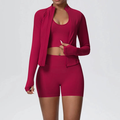Conjunto de yoga sin costuras para mujer, 3 piezas, ropa de entrenamiento, leggings deportivos para gimnasio, sujetador deportivo a prueba de golpes, top corto, traje de yoga de manga larga